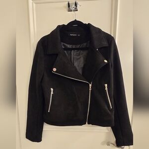 Sleek Black Soft Suede Biker Jacket with Stand-Up Collar